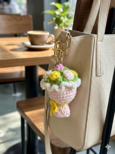 Image of Handmade Crochet Flower Keychain for Bags Keys Purse Backpack Cute Aesthetic Yarn Keyring Bag Charm Handmade Soft Thread Flower Keychain for Girls Women Kids Gifting and Daily Use