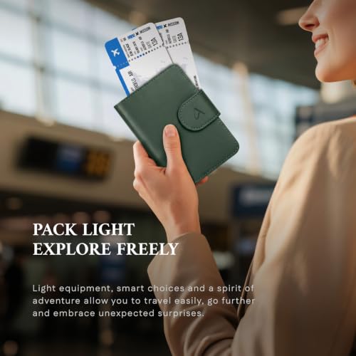 Image of ALLIVE Passport Holder for Travel, Genuine Leather Passport Holder with AirTag Hidden, Rfid Passport Cover Travel Wallet for Airport Essentials, Travel Must Haves Gifts (Forest Green)