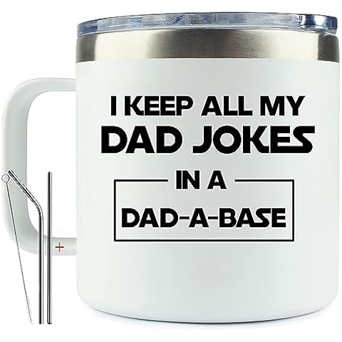 FITWICK Dad Joke Mug 14oz, Funny Dad Coffee Mugs, I Keep All My Dad Jokes In A Dad-A-Base Mug Gifts for Dad From Daughter Son - Fathers Day Gift From Daughter Son Wife Christmas Gifts For Dad Cover