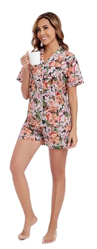 Image of LUBOT 100% Cotton Pajamas for Women 2 Piece PJ Set Poplin Woven Lightweight Ladies Button Short Sleeve Sleepwear S-XXL