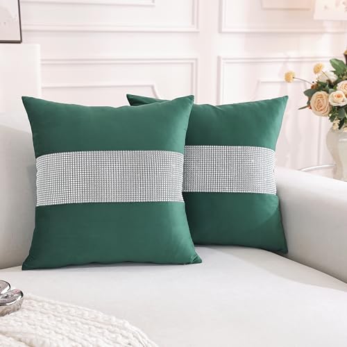 TAOSON Pack of 2, Luxury Green Matching Sequin Patchwork Velvet Throw Pillow Cover with Silver Sequined Rhinestone Cushion Case Square Pillowcase for Sofa Couch Bedroom Living Room Home,18x18 inch