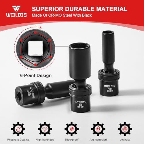 Image of WIILDIS 14 Pieces 3 /8 inch Drive Swivel Socket Set, Deep Universal Impact Socket Set, Metric(10-19mm) Flexible Magnetic Wobble Socket Set, 6 Point, CR-MO, 3 inch, 6 inch Extension Bars, Socket Adapter