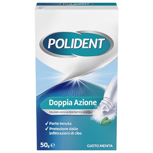 Polident Doble acción, polvo adhesivo para prótesis dentales, fuerte sujeción, protección contra filtraciones de alimentos, sabor menta, 50 g