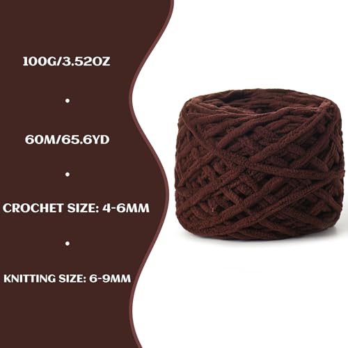 Image of 3 Pack Fluffy Chenille Chunky Yarn for Crocheting 100g(65.6yd) - Baby Yarn for Crocheting Soft - Velvet Yarns for Crochet Blanket - Amigurumi Crochet Yarns(Coffee