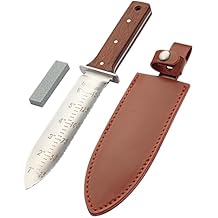 FEITA Hori Hori Garden Knife with Leather Sheath and Sharpening Stone, 7.1 Inches Stainless Steel Blade, Serrated Side Garden Soil Knife Tools Gifts for Gardeners Men