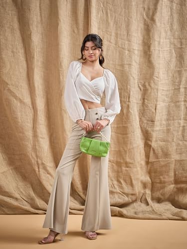 Image of Sassafras Women's Light Beige Front Button Flared Bell Bottom Pants-L