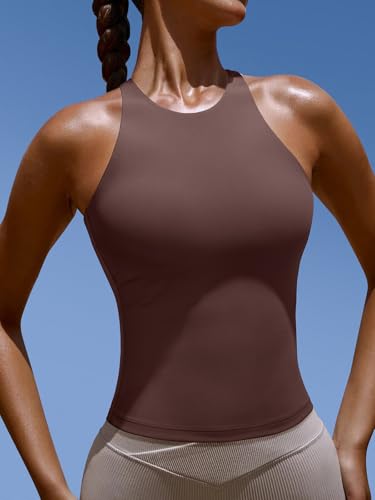 Image of LASLULU Womens High Neck Workout Tank Tops with Built in Bra Strappy Back | Low to Medium Impact,Longline Halter Neck Sports Bra,Fitted Compression,Padded Athletic Yoga Running Gym Pilates Tank Tops