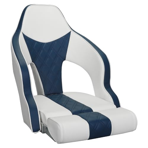 ERGOSEAT Deluxe Pro High Back Boat Seat Premium Sports Flip Up Captain Boat Seat with Armrests(White/Navy Blue/White)
