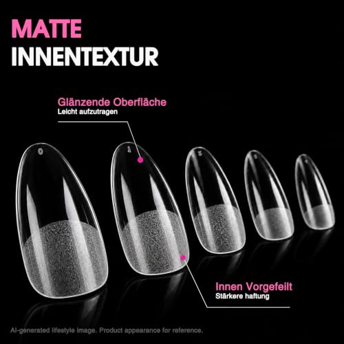Nageltips Mandel, 550 Stück Tips für Gelnägel, 11 Größen Full Cover Gel Nail Tips, Vorpolierte Künstliche Nägel Nagelverlängerung für Nageltechniker, Einsteiger und Nail Art Studios