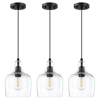 Dolaimy House 3 Pack 1 Light Hanging Indoor Kitchen Island Pendant Light 6.1" Clear Seeded Glass Pendant Ceiling Light Fixtures Black Finish Modern Farmhouse Dinning Over Sink