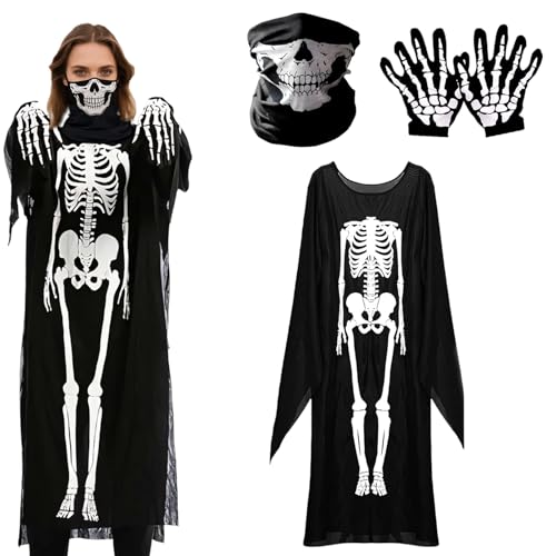 Moerstar Kostüm Skelett Damen, Halloween Skelett Kleid Damen Set mit Maske Handschuhe Tattoo Aufkleber Horror Outfit für Halloween Karneval