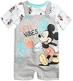 Disney Baby Boys' Overall Short Set, 2-Piece Mickey Mouse & Winnie The Pooh Shortall Romper T-Shirt Short Set (0-3M – 24M), Size 0-3M, Mickey Cool Vibes Grey