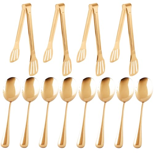 12PCS Stainless Steel Serving Utensils Sets,8 Large Serving Spoons,4 Serving Tongs,Gold Serving Utensills Sets for Buffet Catering Banquet Party (Gold)