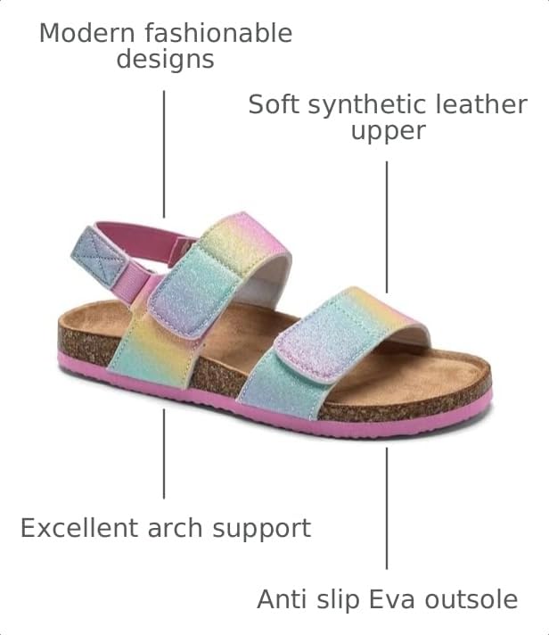 Image of Torotto Girls Boys Sandals with Cork Footbed Adjustable Straps Summer Glitter Slides Sandals Open Toes Flat for Kids Toddler