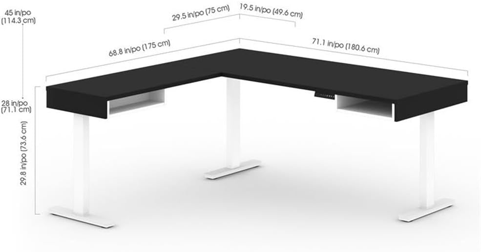 Pemberly Row 72" L-Shaped Standing Desk Set with Storage, Black Finish, Electric Adjustable Height Desk, Shelving Units, Credenzas, Dual Monitor Arms, Home Office Furniture