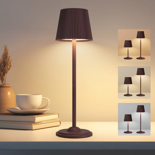 VKH Lámpara de Mesa LED Recargable Marrón Rojizo, Táctil y Regulable con 3 Tonos, Diseño Portátil Desmontable, USB-C, Sin Cable, para Dormitorio, Lectura, Oficina, Interior y Exterior