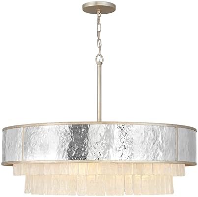 Fredrick Ramond Reverie Large Drum Chandelier - Transitional, 8-Light, Glam - Champagne Gold with Hammered Stainless Steel & Textured Crystal Accents