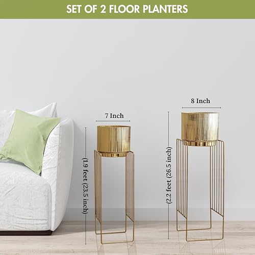 Image of BEHOMA Gold Metal Floor Planters with Stands Set of 2 | Modern Tall Planter for Home Decor, Decorative Plantpot for Living Room, Big Plant Stand with Pots