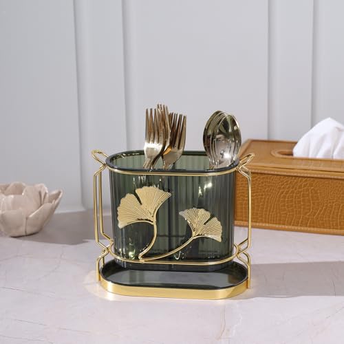 Image of HOME 360 Gingko Leaves Cutlery Holder - Decorative Metal & Acrylic Spoon Stand for Kitchen Table | Use for Dining Table & Kitche Decor | 18x16 cm Gold Finish Organizer