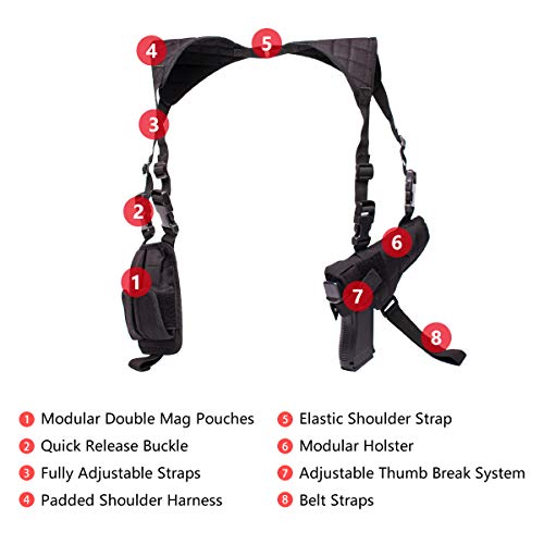 Poyolee Shoulder Holster For Pistols, Adjustable Vertical Gun Holster With Double Magazine Pouch, Universal Concealed Carry Holster Fits Compact To Large Handguns Black #TOP2