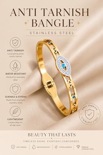 Image of Stylish Gold Plated Bangle for Women | Daily Use Stainless Steel Kada | Anti-Tarnish Waterproof Cuff | Multicolour Crystal Evil Eye | Daily Wear Bracelet For Womens | Premium Gift For Girl