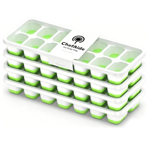 ChefAide Ice Cube Tray with Lid, 4 Packs 56 Cubes Durable Stackable Ice Cube Trays for Freezer with Removable Lids, Easy-Release Plastic & Silicone Ice Tray for Cocktail, Coffee