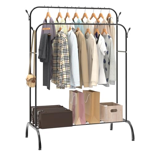 Heavy Duty Clothes Rail with Hooks, Bottom Rack, 150cm Height Clothing Rack, Freestanding Storage Shelf for Home, Bedroom, Office, Shop, Coats, Skirts, Shirts, Sweaters, Black