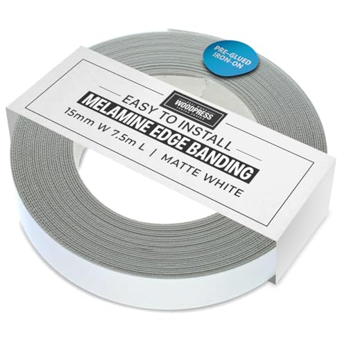WoodPress® 15mm Matt White Melamine Edging, Pre-Glued Veneer Tape – 7.5m Roll - Iron-On for Easy DIY Application – Will Cover the Edge of a Standard MDF Panel