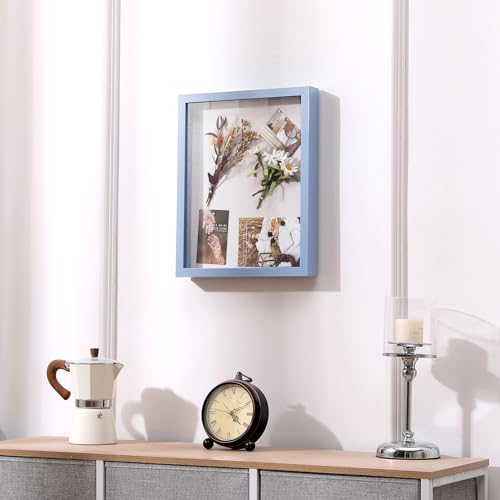 Image of Muzilife 11x14 Shadow Box Picture Frame with Linen Board - Deep Wood & Glass Display Rustic Case Ready to Hang Memorabilia, Pins, Awards, Medals, Wedding, Tickets, and Photos, Blue