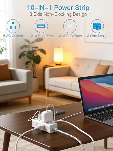 Image of Flat Plug Extension Cord 10Ft, One Beat Surge Protector Power Strip 10 Ft Cord with 6 Widely Outlets 4 USB Ports (2 USB C), 3 Way Wall Outlet Extender Extension Cord for Home Office College Dorm Room