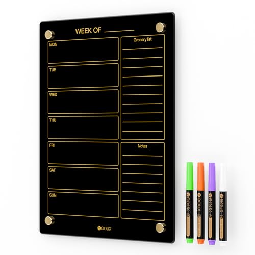 Black Glass Golden Weekly Dry Erase Calendar & Menu Whiteboard