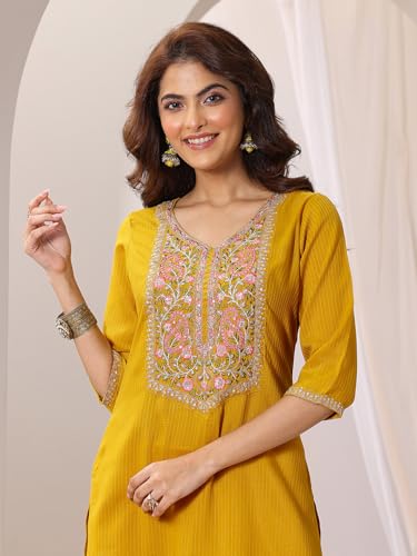 Image of Libas Gerua Womens Embellished Silk Blend Straight Kurta With Trousers and Dupatta
