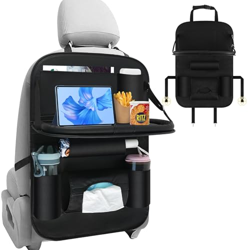 CHWNIBAY Organiseur de siège de voiture, protection de dossier de voiture pour enfants, étanche, avec table pliante, poche pour tablette et nombreuses poches, matériau PU, noir