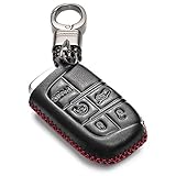 Vitodeco Genuine Leather Smart Key Keyless Remote Entry Fob Case Cover with Key Chain for JEEP, Dodge, Chrysler (5 Buttons, Black/Red)