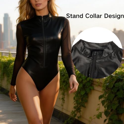 Damen Lackleder Body Sexy Netz Patchwork Catsuit Wetlook Dessous Reißverschluss Outfit Langarm Transparente Reizwäsche Nachtwäsche Hoher Kragen Leotard Glänzend Jumpsuit Rave Party Clubwear (S)