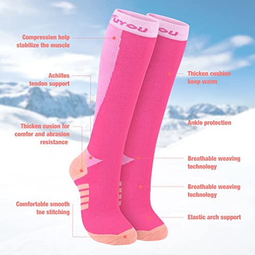Kuyou Ski Socks Women Men, 3 Pair Extra Thick Warm Snow Winter Skiing Socks Long Knee High Snow Snowboarding Skiing Socks (Rose Red + Carmine Red + Dark Blue) #TOP3