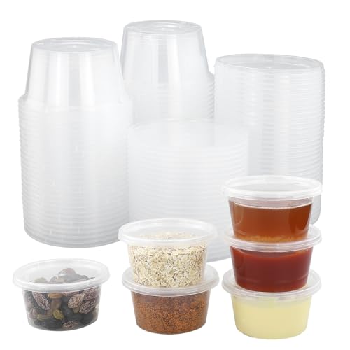 REBECCAGIBSON 55pcs Tarros De Plastico Con Tapa Pequeños,100ML Reutilizable Recipientes Comida,Indicado Para Salsas,Sopas,Condimentos,Cremas,Cuadros De Diamantes,Manualidades,etc