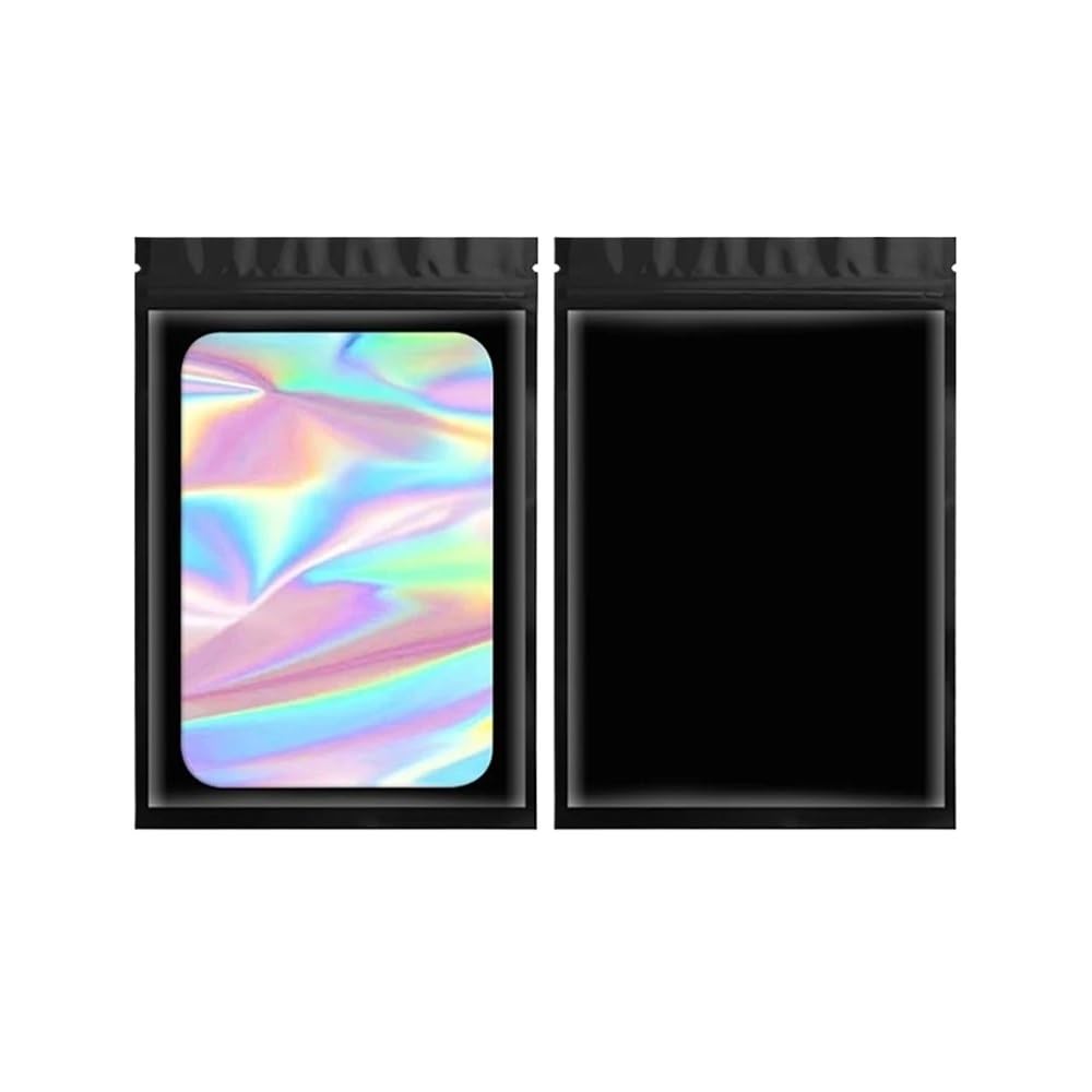 100pcs Custom Mylar Holographic Bags With Logo Personalized Foil Pouch Ziplock Packaging For Small Business Jewelry Food Storage(Black,No Logo and Custom,13X21cm 5.12X8.27in)
