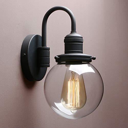 Yosoan 1-Light Vintage Wall Sconce, Black Industrial Fixture Light With Elegant Gooseneck Curved Rod, Indoor Clear Glass Shade Wall Lamp Lighting (Round Globe) #TOP14