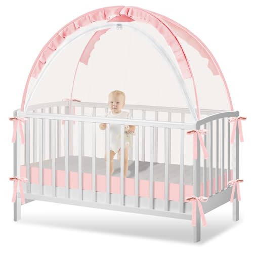Crib Tent to Keep Baby from Climbing Out - Crib Net to Keep Baby in - Pop Up Breathable Cribs Cover - Canopy with Upgrade Strong Mesh and Durable Zipper (Pink, Lager)