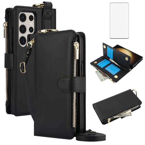 Étui portefeuille Samsung S22 Ultra Asuwish avec fermeture éclair et bandoulière