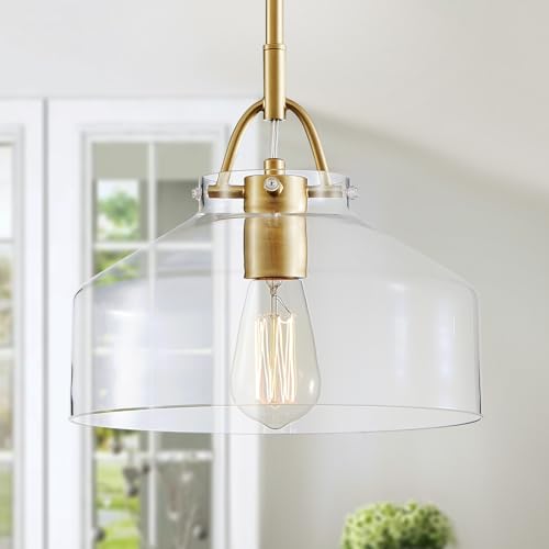 Image of WUZUPS Chandelier Rustic Farmhouse Industrial Round Ceiling Pendant LED Light Fixture with Clear Glass Shades for Dining Room Kitchen Island Foyer Entryway, H 9.4 inch x W 10.6 inch, E26 Base, Gold