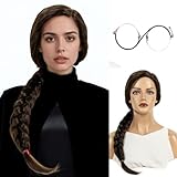 STfantasy Long Black Brown Wicked Wigs with Glasses for Women,Braid Wig Perfect for Elphaba Costume, Natural Looking Black Brown Wavy Wig