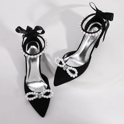 ShowHow Women's Pearl Wedding Shoes for Bride Closed Toe Heels Chunky Block Dress Heels Pointed Toe Rhinestone Pearl Ankle Strap Heels for Bridesmaid Prom Wedding Party Work4