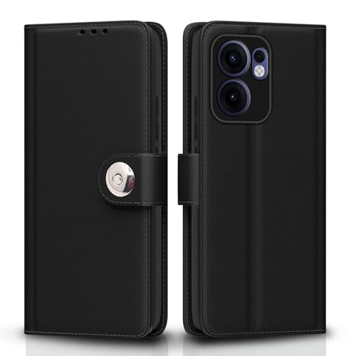 Image of Pikkme Flip Cover Leather Finish | Inside TPU with Card Pockets | Wallet Stand and Shock Proof | Complete Protection Button Flip Case for Oppo Reno 13F 5G(Black)