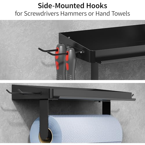 Image of ZUNTO 3-in-1 Wall Mount Garage Paper Towel Holder with Shelf, Organize Shelf & Pen Holder(or Phone Storage) & Hanging Hooks - Heavy Duty Stainless Steel Organizer for Kitchen, Workshop, Laundry Room
