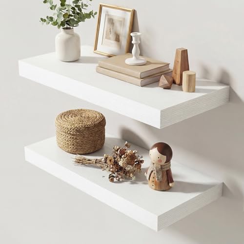 Image of Dreamland 20 Inches Floating Shelves for Wall, 9.3 inch Deep Long Floating Shelves Set of 2, Large Display & Storage Shelf, Wall Shelf for Bathroom Bedroom Living Room Kitchen Office, White