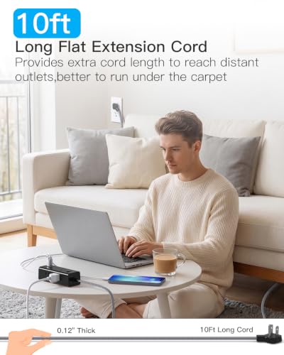 Image of Extension Cord 10Ft, Flat Surge Protector Power Strip 10 Ft Long Cord,Black | One Beat 6 Widely Outlets 4 USB Ports (2 USB C), 10ft Extension Cord Wall Outlet Extender for Home Office College Dorm Room