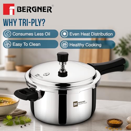 Image of Bergner BE Essentials Triply Pressure Cooker 3 Pcs Set - 5L, 3L and 2L Outer Lid Pressure Cooker Combo, Even Heat Distribution, Sturdy Rivetless Handle, Healthy Cooking - Induction and Gas Stove Ready