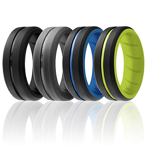 ROQ Silicone Rubber Wedding Ring for Men, Comfort Fit, Men's Wedding Band, Breathable Rubber Engagement Band, 2 Thin & Middle Lines, Beveled Edge & Engraved Duo, Multi Packs, Multi Colors